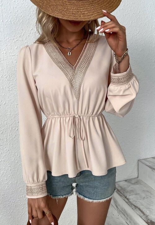 Contrast Lace Peplum Blouse-Beige