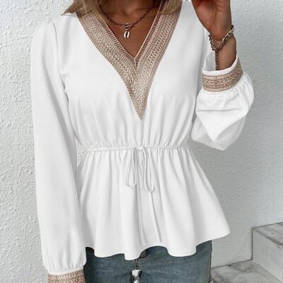Blusa peplo in pizzo a contrasto-bianca