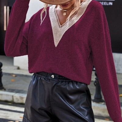 Maglione lavorato a maglia con dettagli all'uncinetto bordeaux