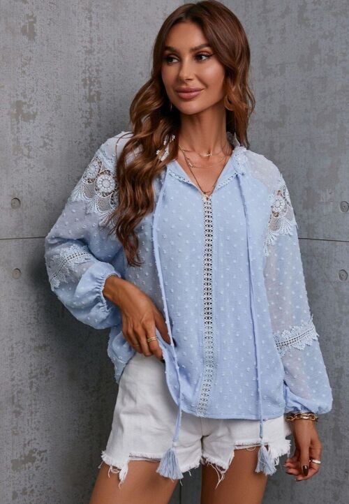 Clip Dot Lace Detail Boho Blouse-Light Blue