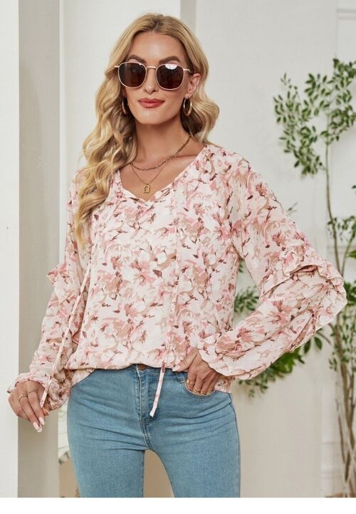 Floral Print Ruffle Sleeve Blouse-Pink