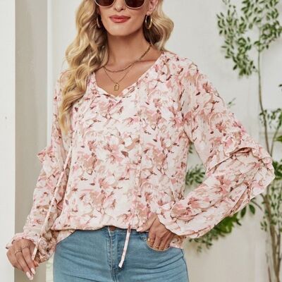 Floral Print Ruffle Sleeve Blouse-Pink