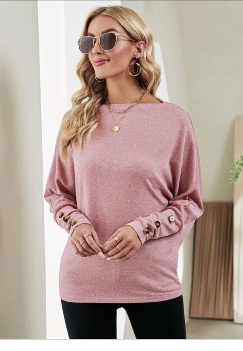 Boat Neck Button Sleeve Sweater-Pink