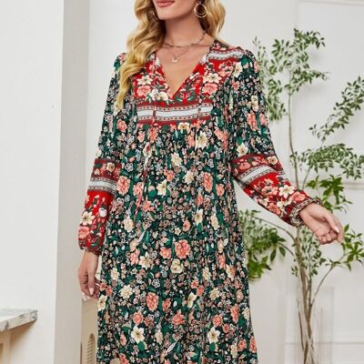 Floral Print Bohemian Dress-Black