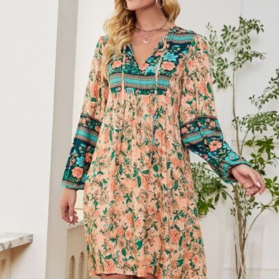 Floral Print Bohemian Dress-Beige