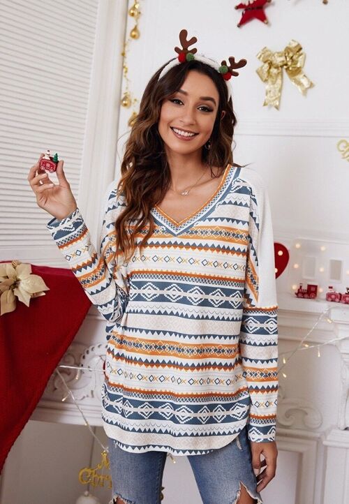 Aztec Drop Shoulder Sweater-Blue