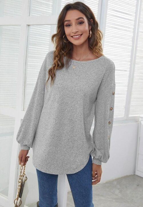 Contrast Button Bishop Sleeve Sweater-Gray