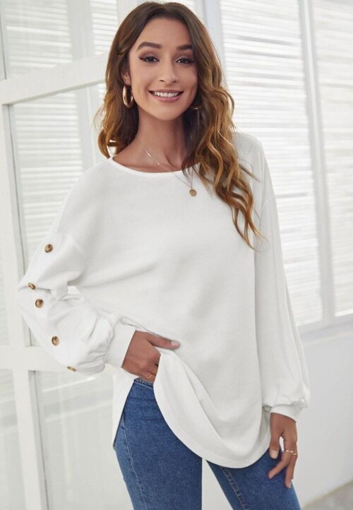 Contrast Button Bishop Sleeve Sweater-White