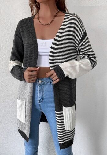 Cardigan en tricot côtelé à blocs de couleurs-Noir 3