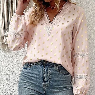Crochet Lace Detail Dotted Blouse-Pink