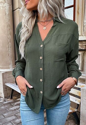 Chemise boutonnée à poche plaquée-Vert 1