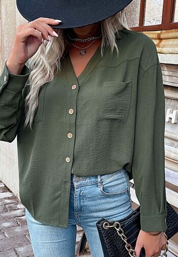 Chemise boutonnée à poche plaquée-Vert 3