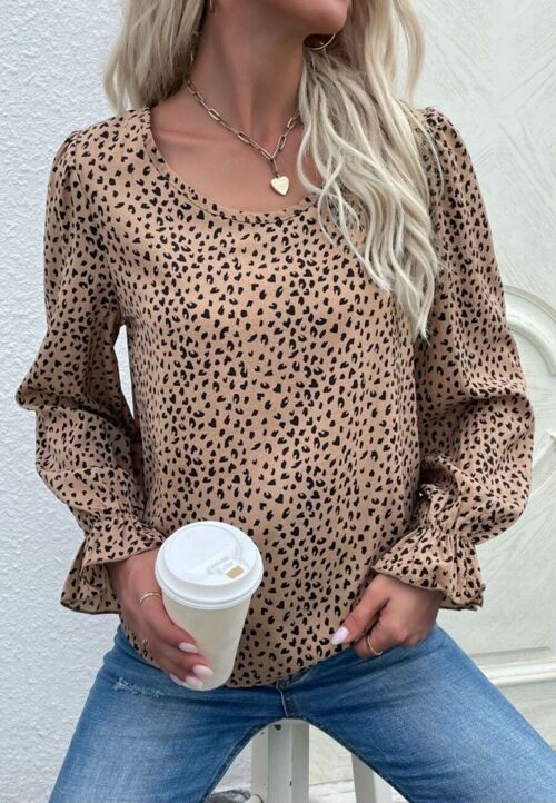 Animal Print Puff Sleeve Blouse-Beige