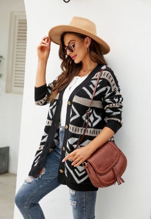 Aztec Print Button Down Cardigan-Black