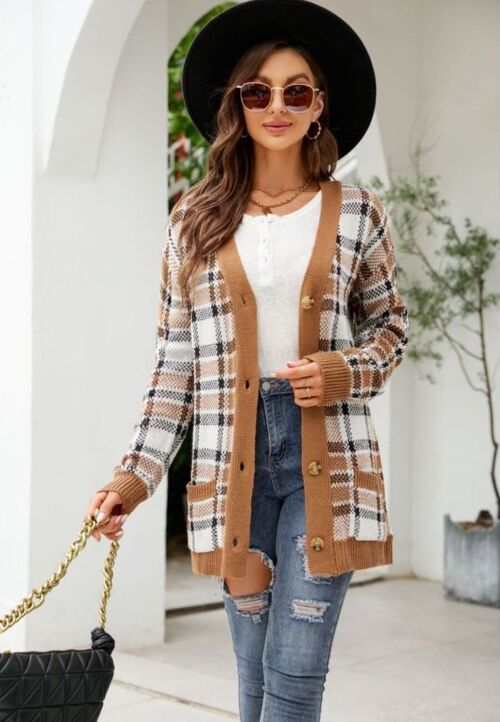 Aztec Print Button Down Cardigan-Brown