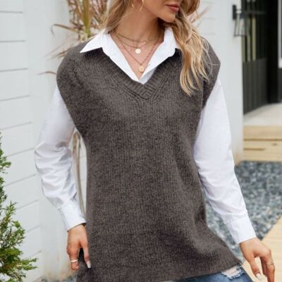 Classic Knit Side Slit Sweatervest-Brown