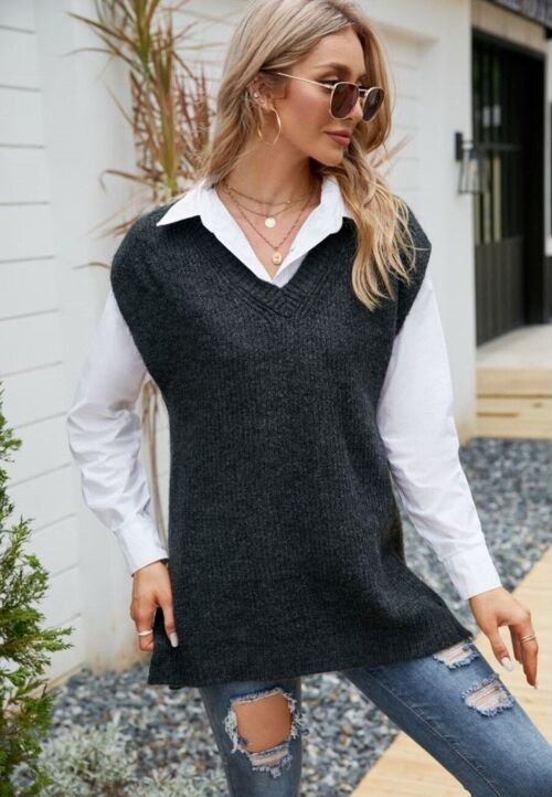 Classic Knit Side Slit Sweatervest-Gray
