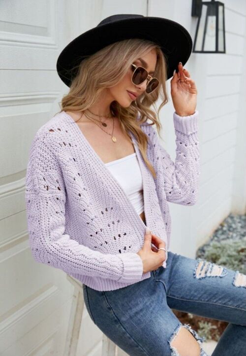 Crochet Knit Light Cardigan-Purple