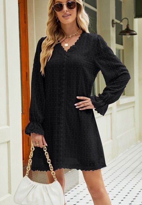 Crochet Lace Trim Swiss Dot Dress-Black