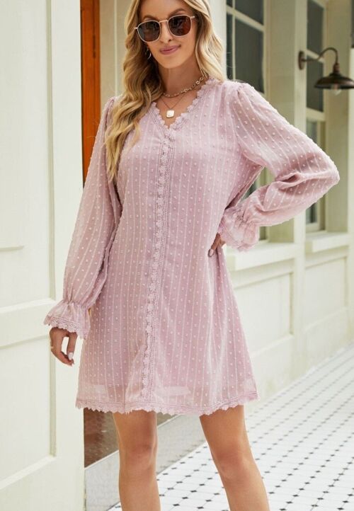 Crochet Lace Trim Swiss Dot Dress-Pink