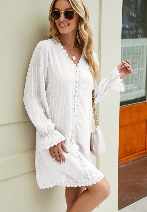Crochet Lace Trim Swiss Dot Dress-White