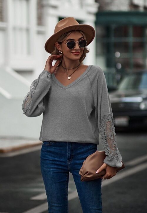 Contrast Lace Detail Raglan Sweater-Gray