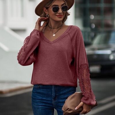 Contrast Lace Detail Raglan Sweater-Mauve Pink