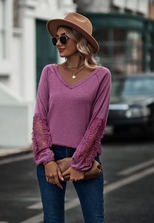 Contrast Lace Detail Raglan Sweater-Pink