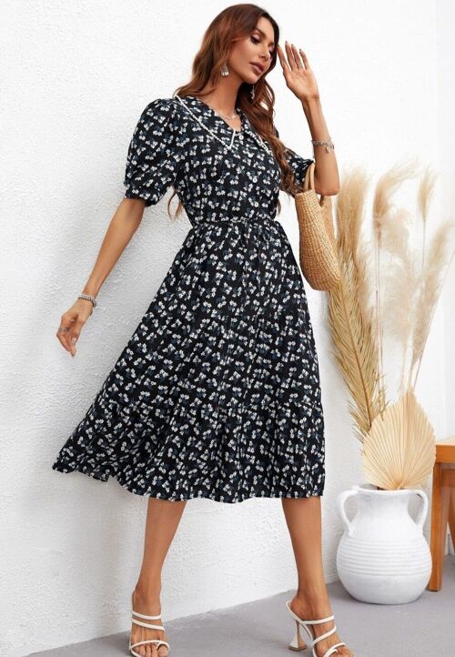 Collared Floral Print Fall Dress-Navy