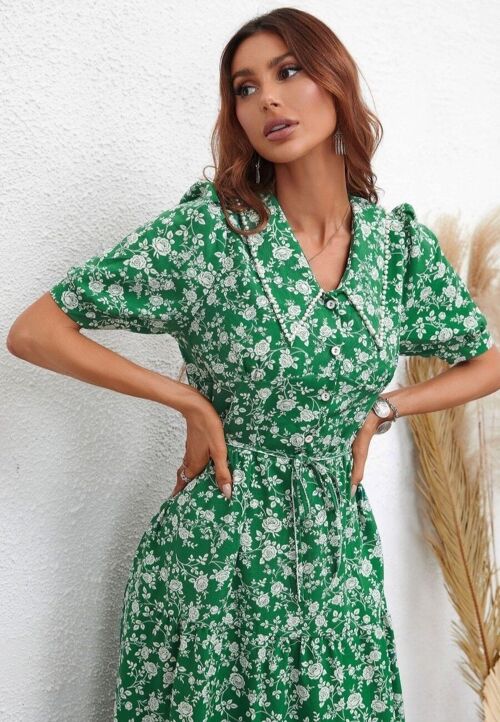 Collared Floral Puff Sleeve Dress-Green