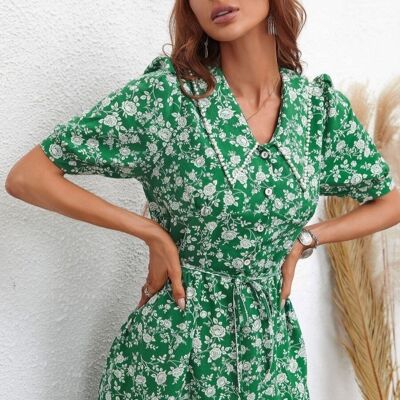 Collared Floral Puff Sleeve Dress-Green