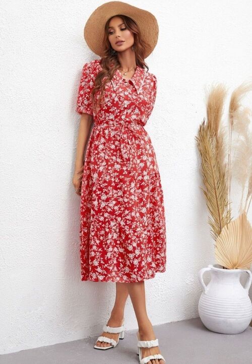 Collared Floral Puff Sleeve Dress-Red