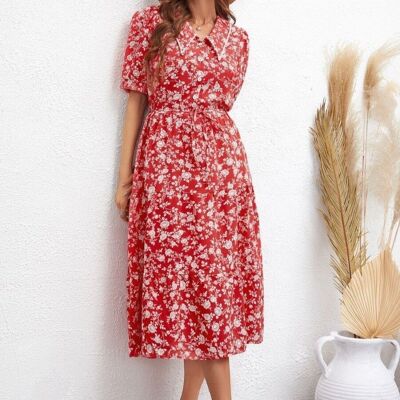 Collared Floral Puff Sleeve Dress-Red