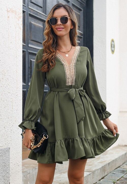 Crochet Trim Ruffle Hem Dress-Green