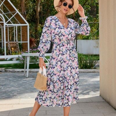 Floral Print Light Wrap Dress-Navy