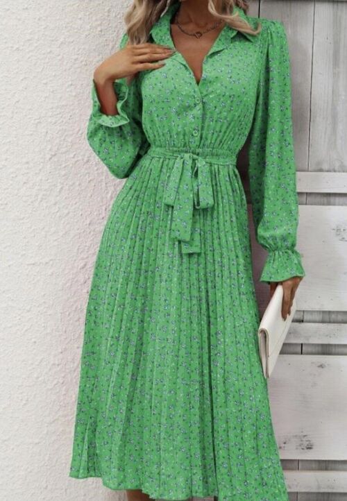 Floral Collared Pleated Dress-Green