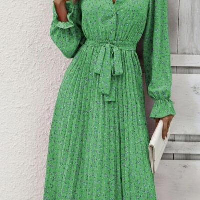 Floral Collared Pleated Dress-Green