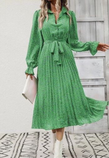 Robe plissée à col fleuri-Vert 3