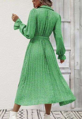 Robe plissée à col fleuri-Vert 5