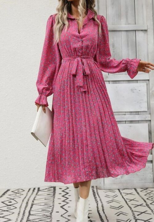 Floral Collared Pleated Dress-Pink