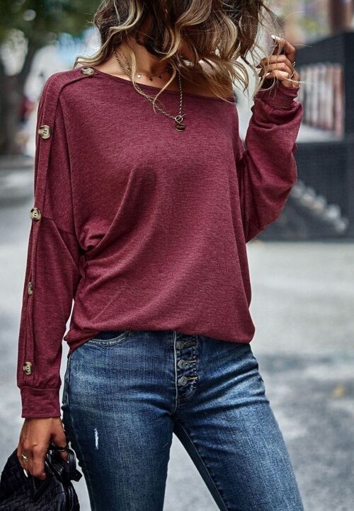 Boat Neck Contrast Button Sweater-Burgundy