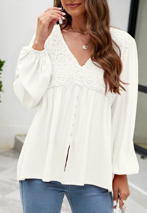 Floral Patterned Lantern Blouse-White