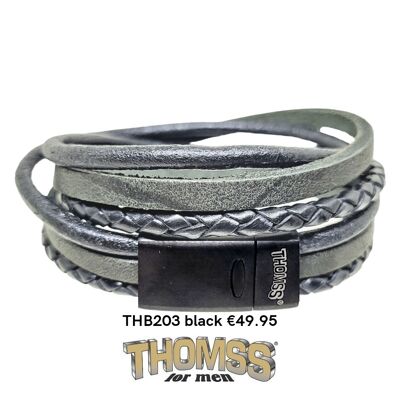 Thomss wrap bracelet with matte black closure, black leather straps