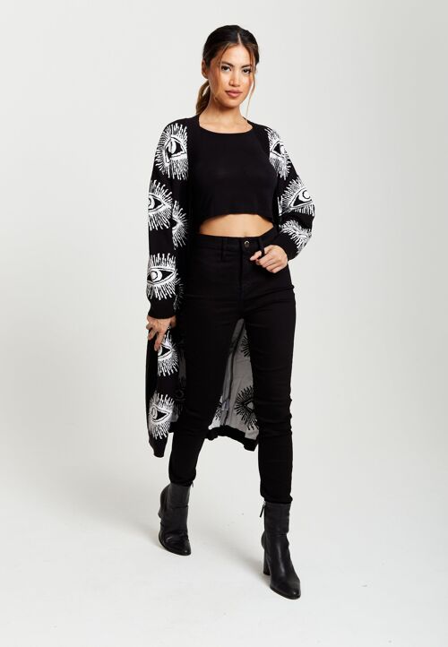 Liquorish Eye Pattern Longline Cardigan in Black