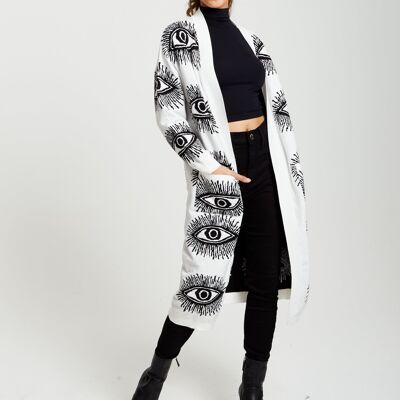 Liquorish Eye Pattern Longline Cardigan in White