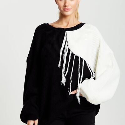 Liquorish Black and White Jumper with Tassel Detail