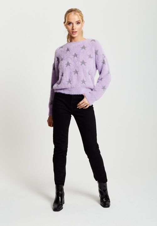 Liquorish Fluffy Grey Star Pattern Jumper in Lilac