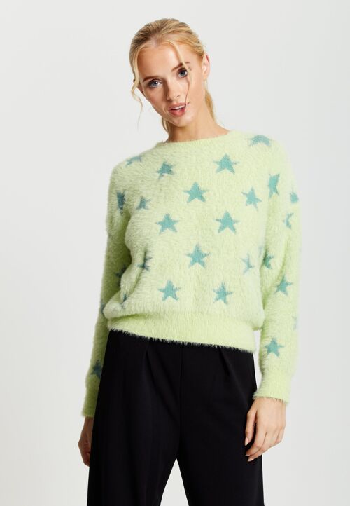 Liquorish Fluffy Green Star Jumper in Yellow