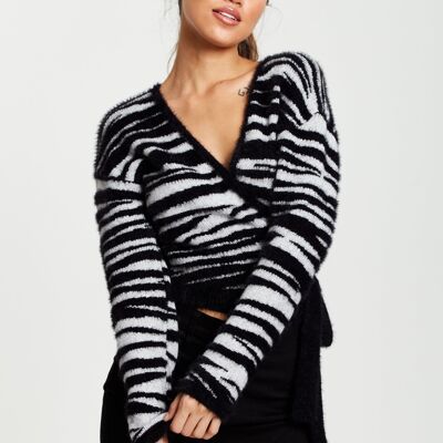 Liquorish Zebra Pattern Wrap Cardigan in Black and White