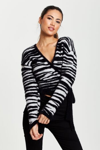 Cardigan portefeuille à motif zèbre Liquorish en noir et blanc 1